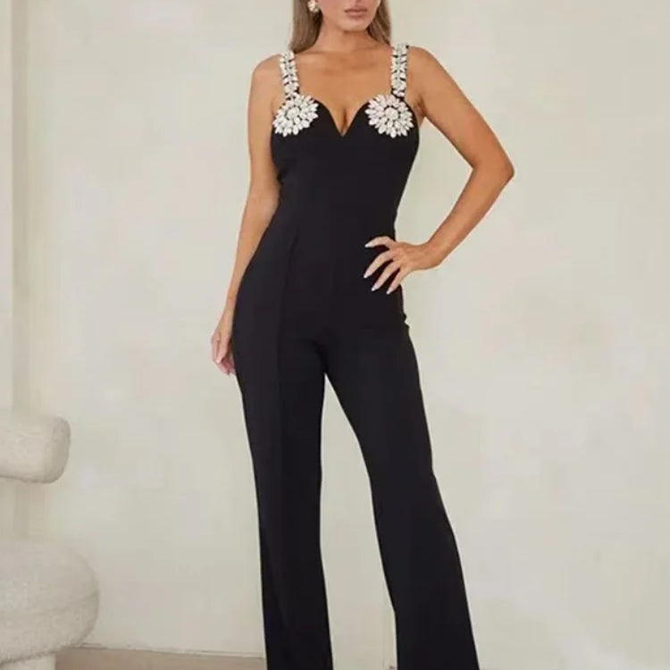 Shining Diamonds Sexy V-Neck Sleeveless Jumpsuit Graceful Woman Evening Party Outfit black