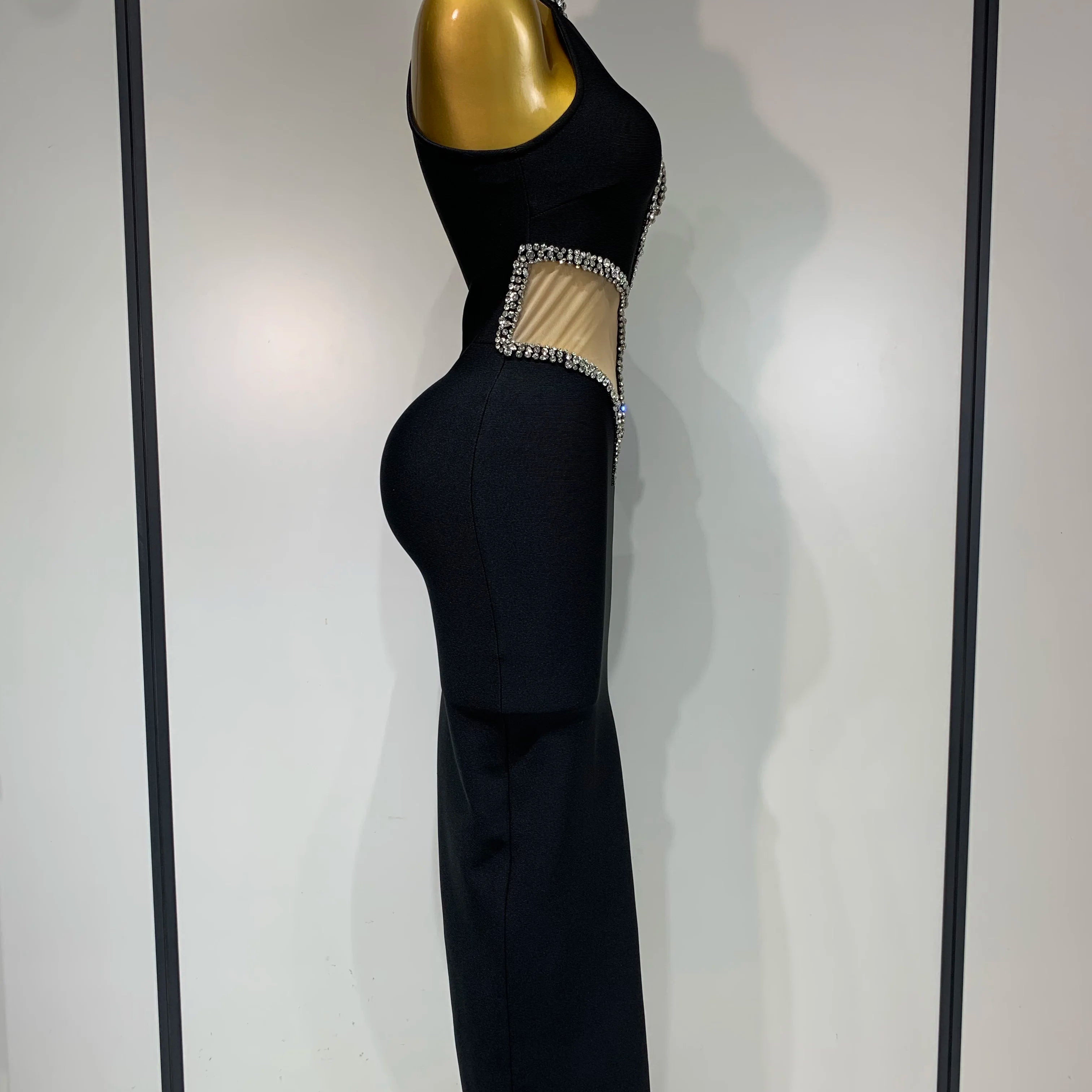 Women Sexy Rhinestone Black Sleeveless Mesh Patchwork Stretch Bodycon Bandage Party Dresses Elegant Birthday Dress