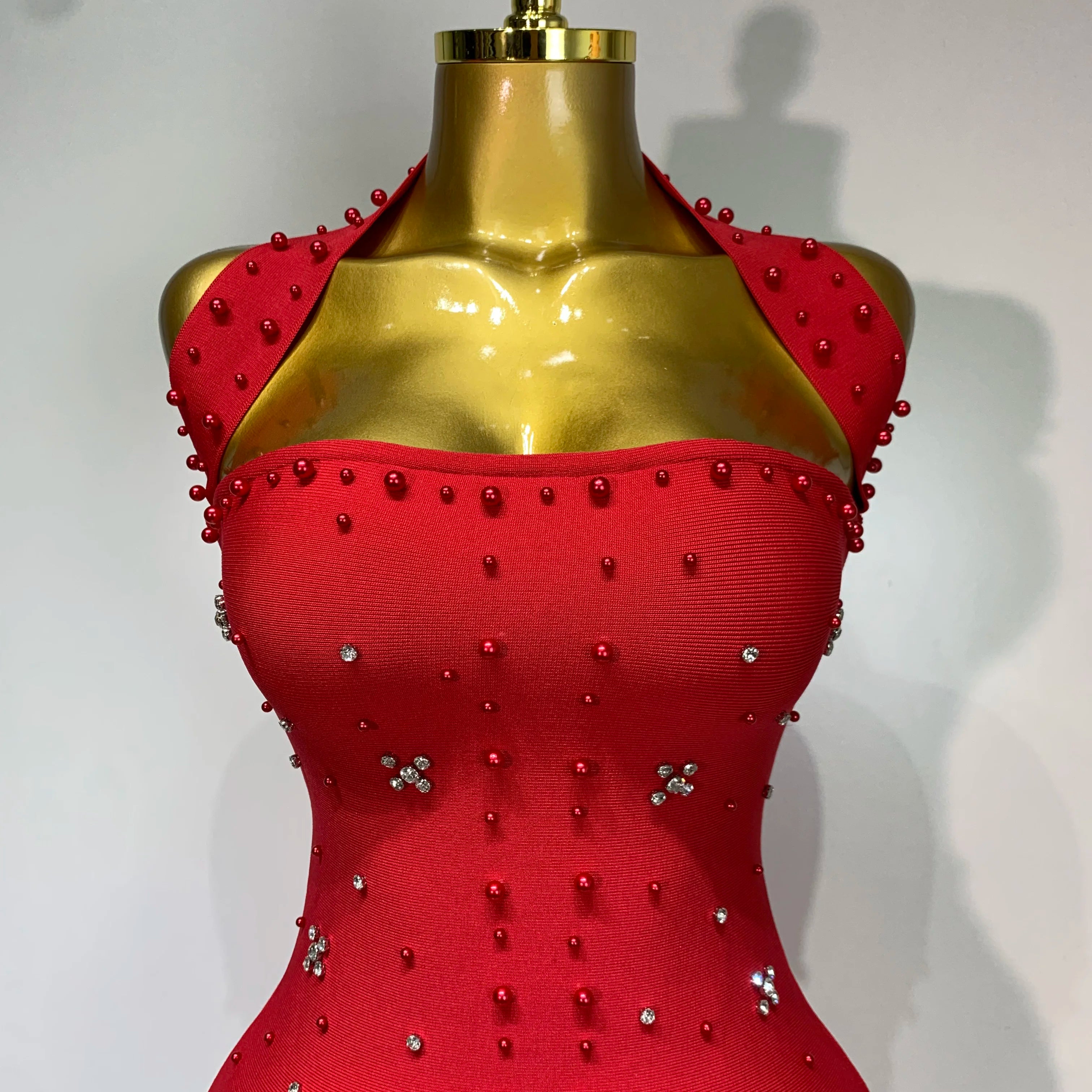 Women Sexy Halter Backless Shiny Rhinestone Pearl Bodycon Bandage Dress Celebirty Elegant Evening Party Luxury Birthday Dress