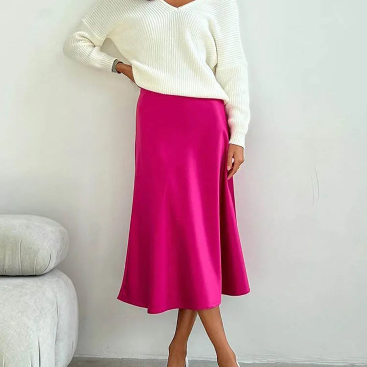 Silk Satin Skirts for Women Korean Style Champagne Office High Waist A-line Skirt Fashion Elegant Solid Long Pencil Skirt 2024 Rose Red