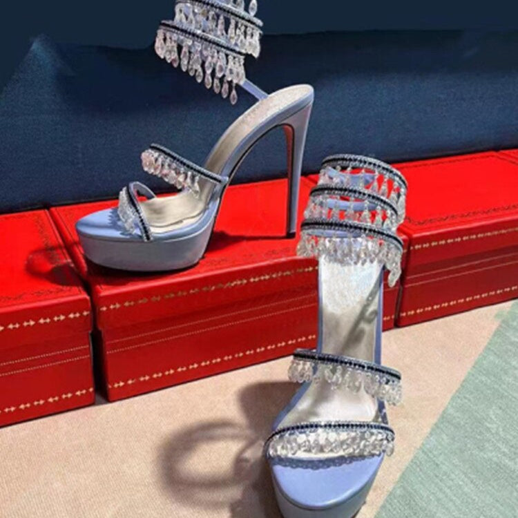 Summer New Round Toe Thick Sole Sandals with Snake Twisted Beaded Water Diamond Thin Heel High Heel Sandals for Women blue