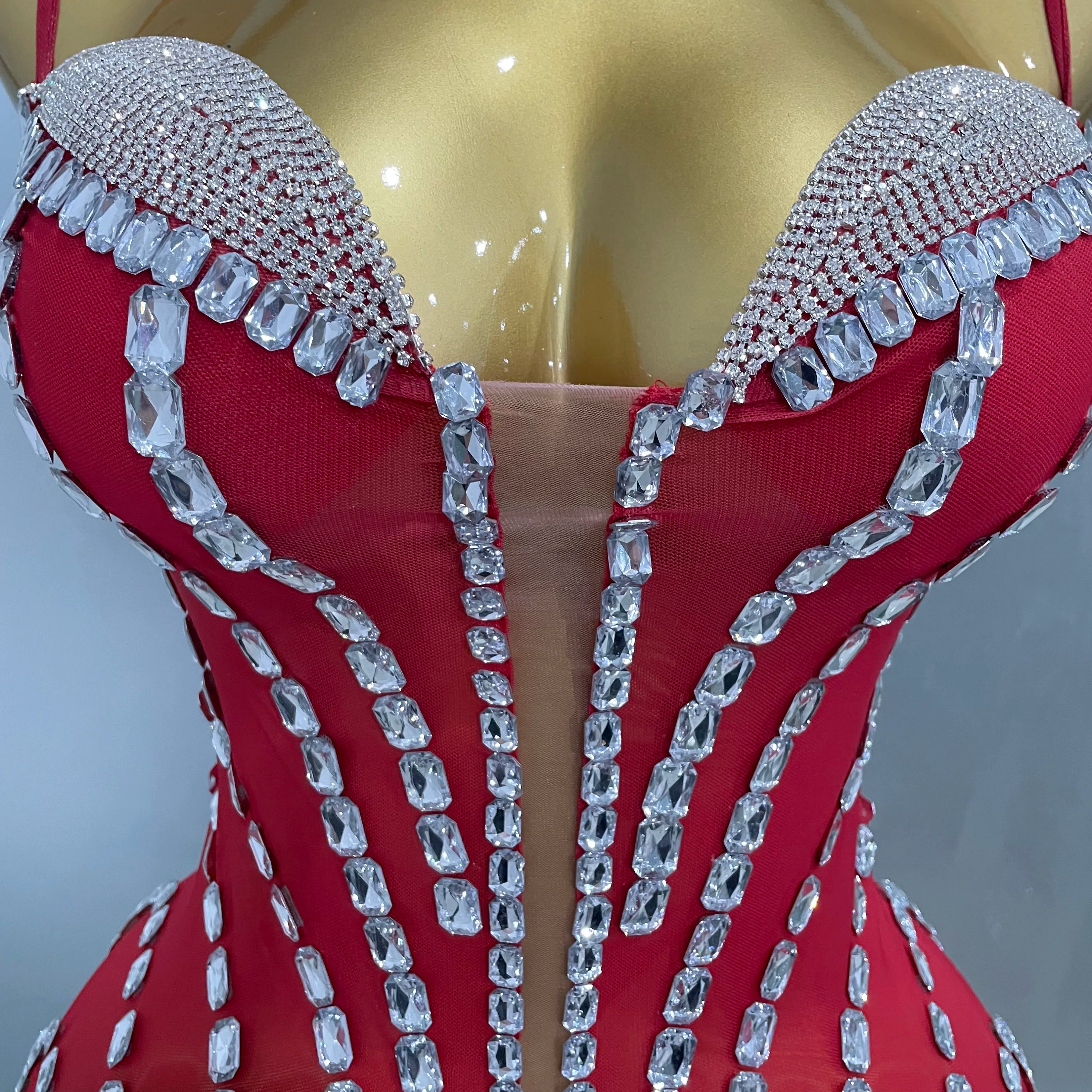 Sexy Sparkly Rhinestones Mesh See Through Short Slip Dress 2025Women Evening Birthday Party Prom Nightclub PhotoShoot Stage Wear