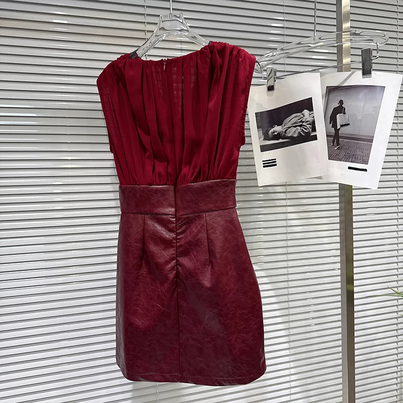 Winter New Fashion V-neck Twist Spliced PU Leather Design Vest Dresses For Women Evening Party Slim Fit Dress 11A07738