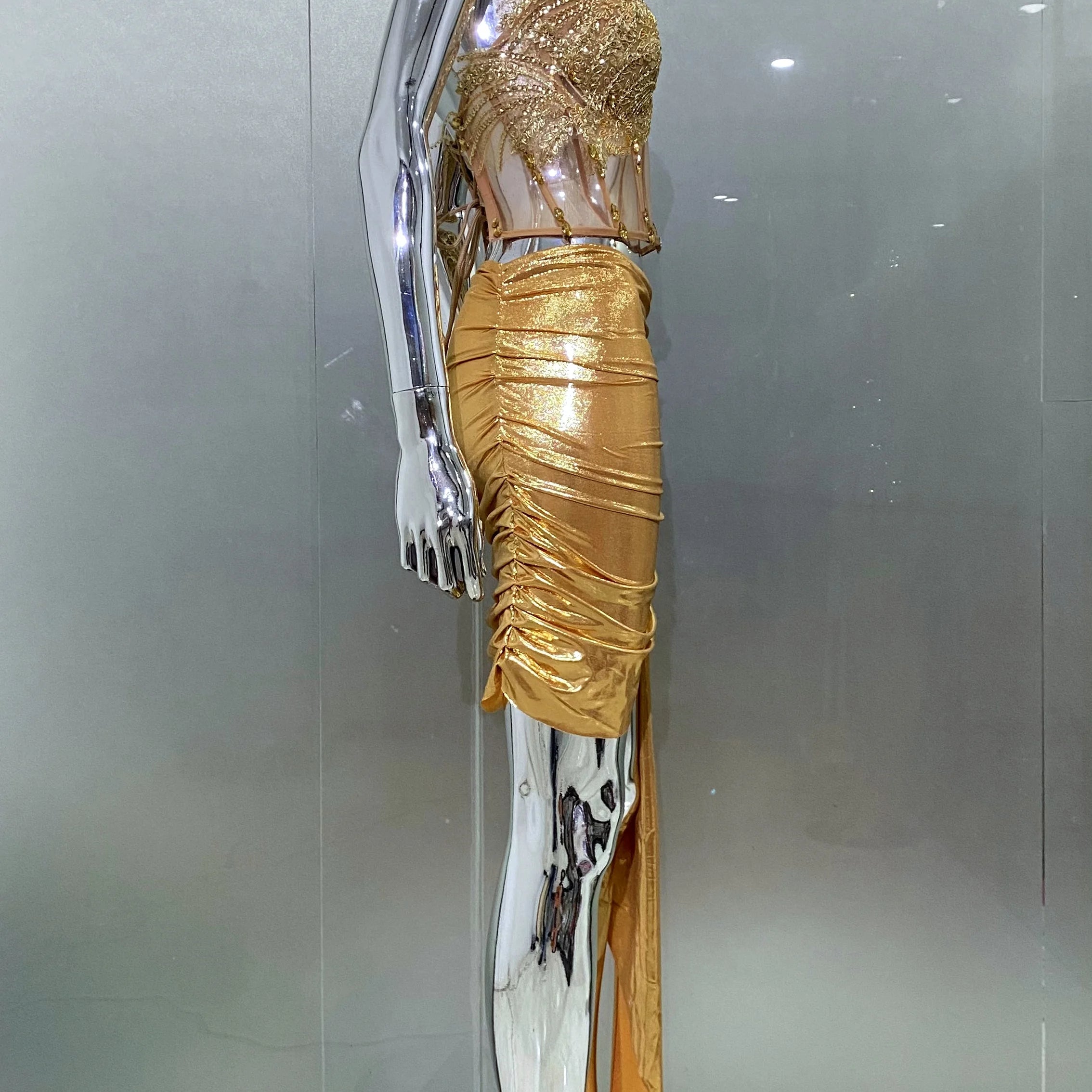 Golden Sparkling Diamonds Sexy See Through STrapless Top And Mini Skirt 2 Pieces Woman Set Party Vestido Performances Costume