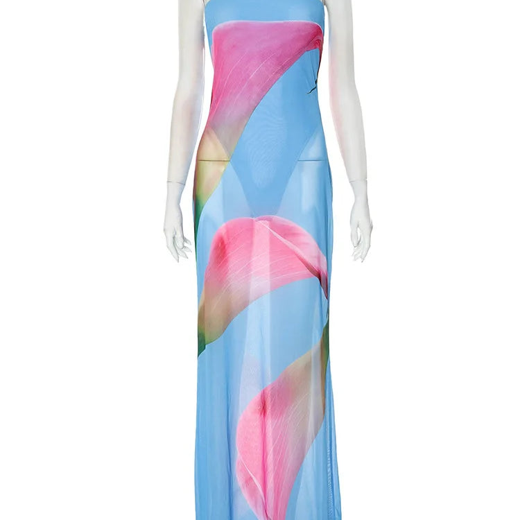 Floral Print Strapless Sexy Maxi Dress For Women Gown Patchwork Off-shoulder Backless Sleeveless Print Long Dress Blue