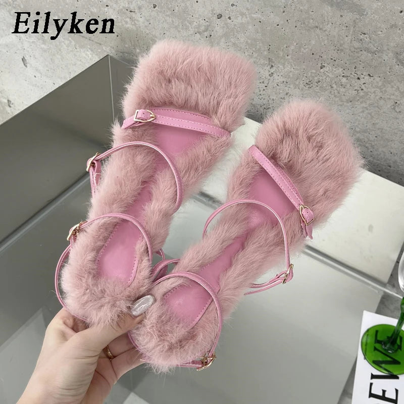 Eilyken 2025 New Brand Plush Fur Fuzzy Sandals Women Thin Heels Fashion Square Toe Ankle Lace Up Buckle Strap Slides Shoes Pink