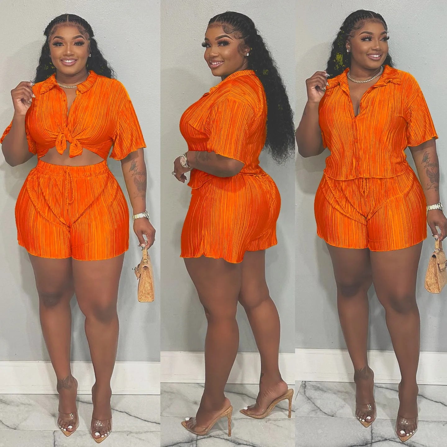 CM.YAYA Street Vintage Pleated Women's Set Short Sleeve Shirt Blouse and Shorts Suit 2023 INS Two 2 Piece Set Outfit Tracksuit Orange