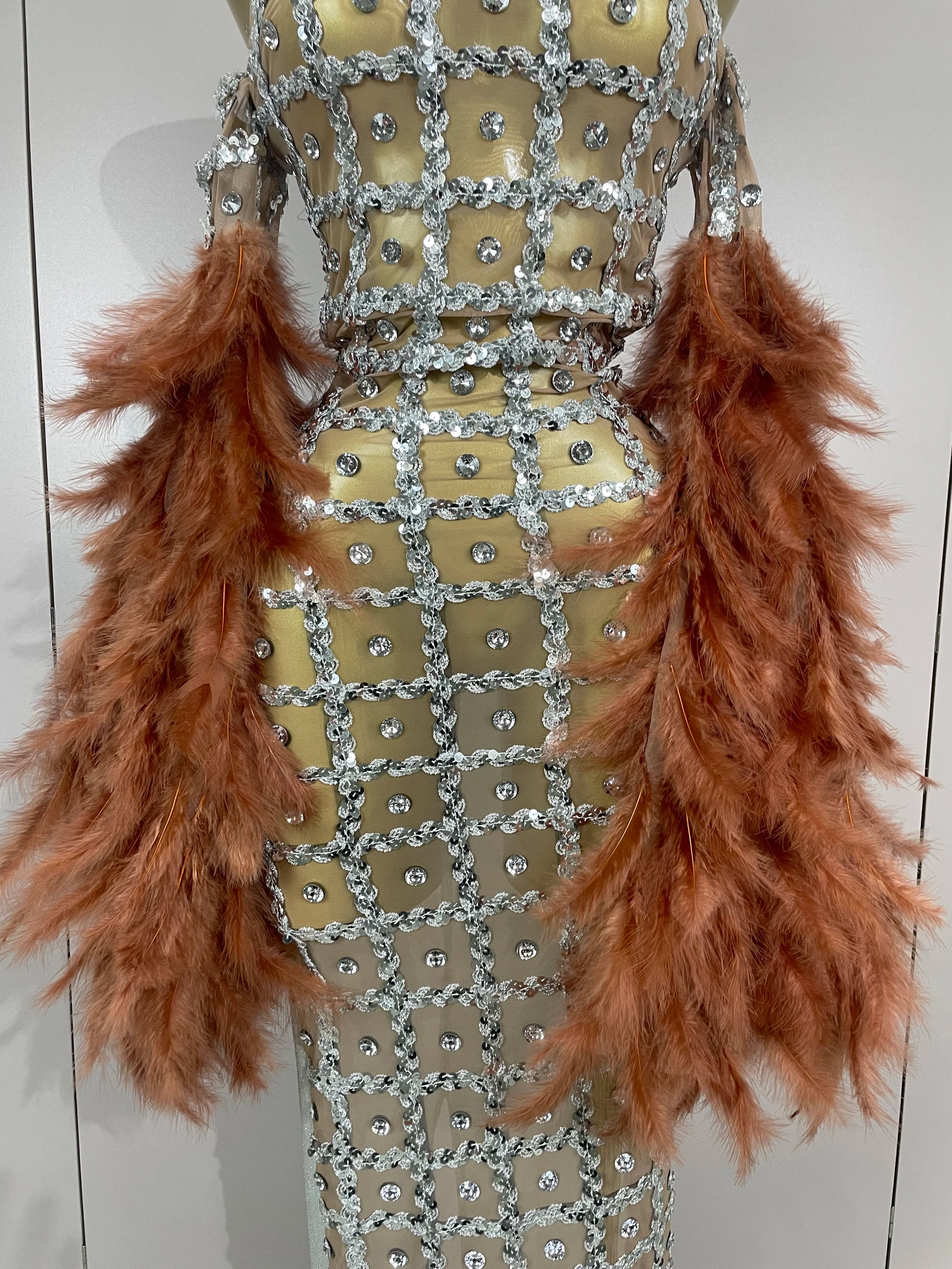 Luxury Sparkling Diamond Feather Mesh Tight Sexy Mesh Long Dress 2025 Women Birthday Party Nightclub Stage Performance Costume