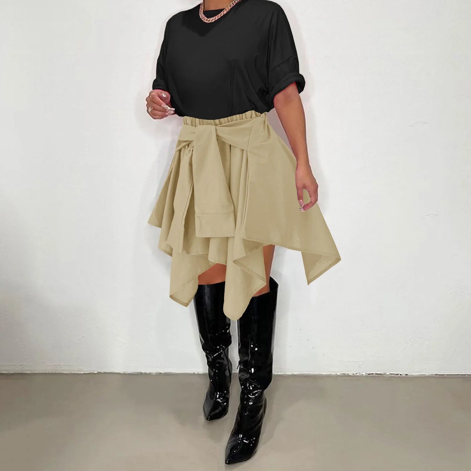 CM.YAYA Women Plaid Irregular High Waist Knee Length Skirts 2022 Summer Holiday Streetwear Sleeve Wrapped Lace Up Waist Skirt