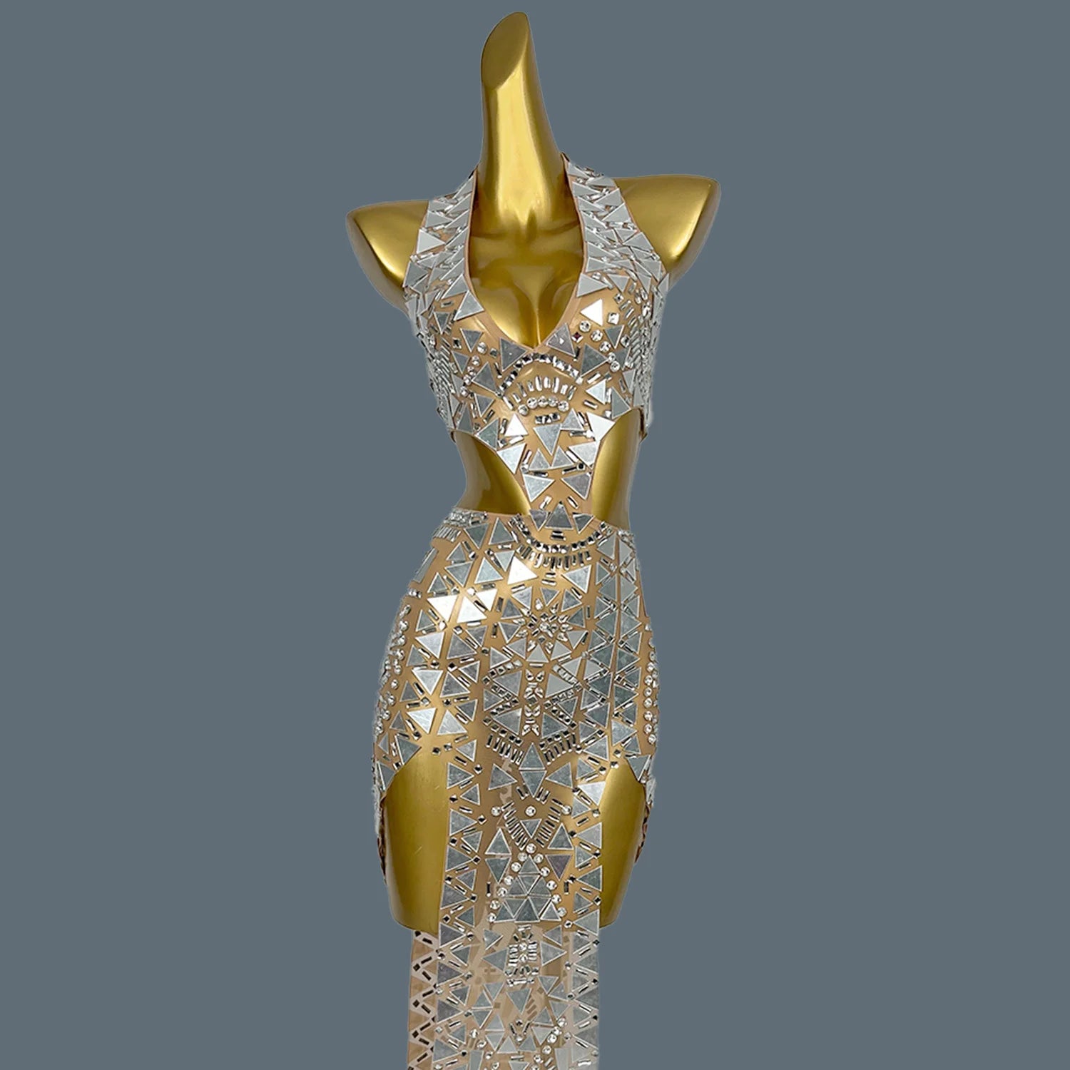 Flashing Mirror Silver Asymmetrical Long Dress Prom Celebrity Evening Party Birthday Gown Female Singer Stage Show Wear Baiwei