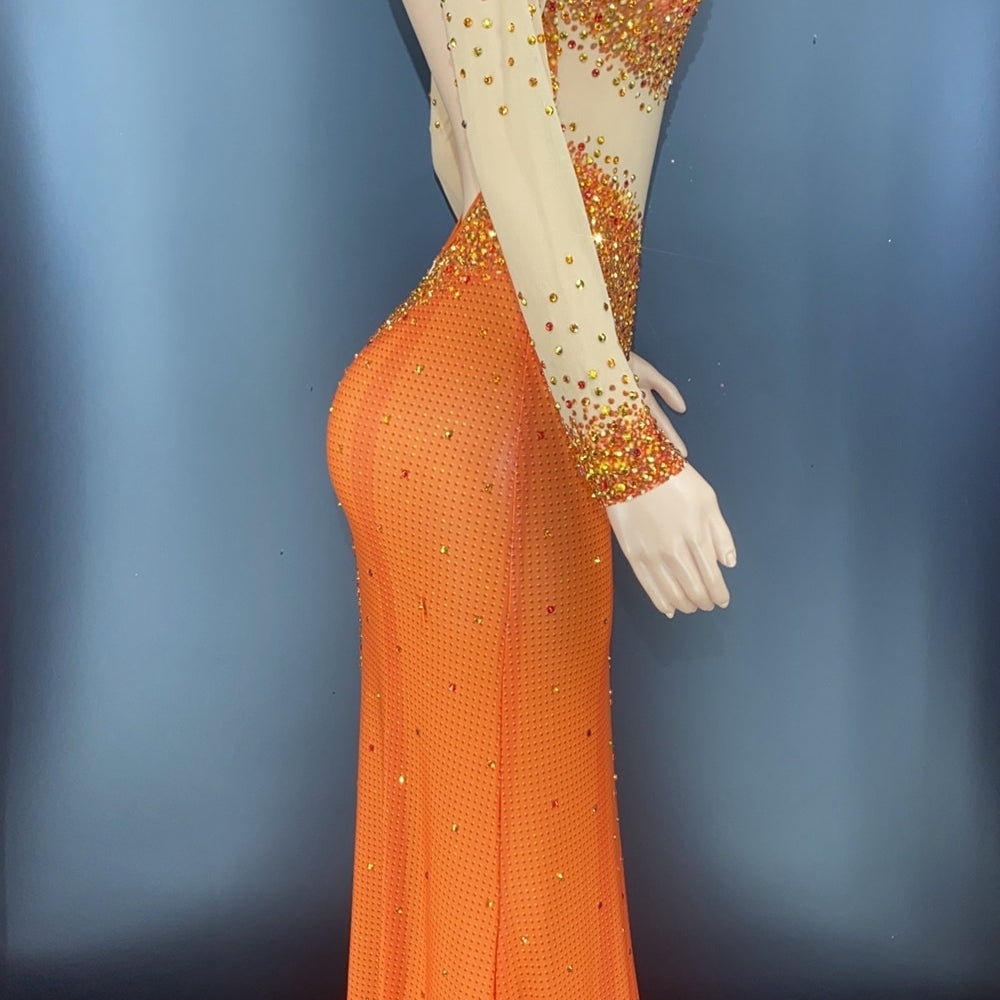 Sparkly Rhinestones Long Sleeves Mesh Transparent Dress Birthday Celebrate Gown Outfit Women Sexy Evening Prom Party Dress