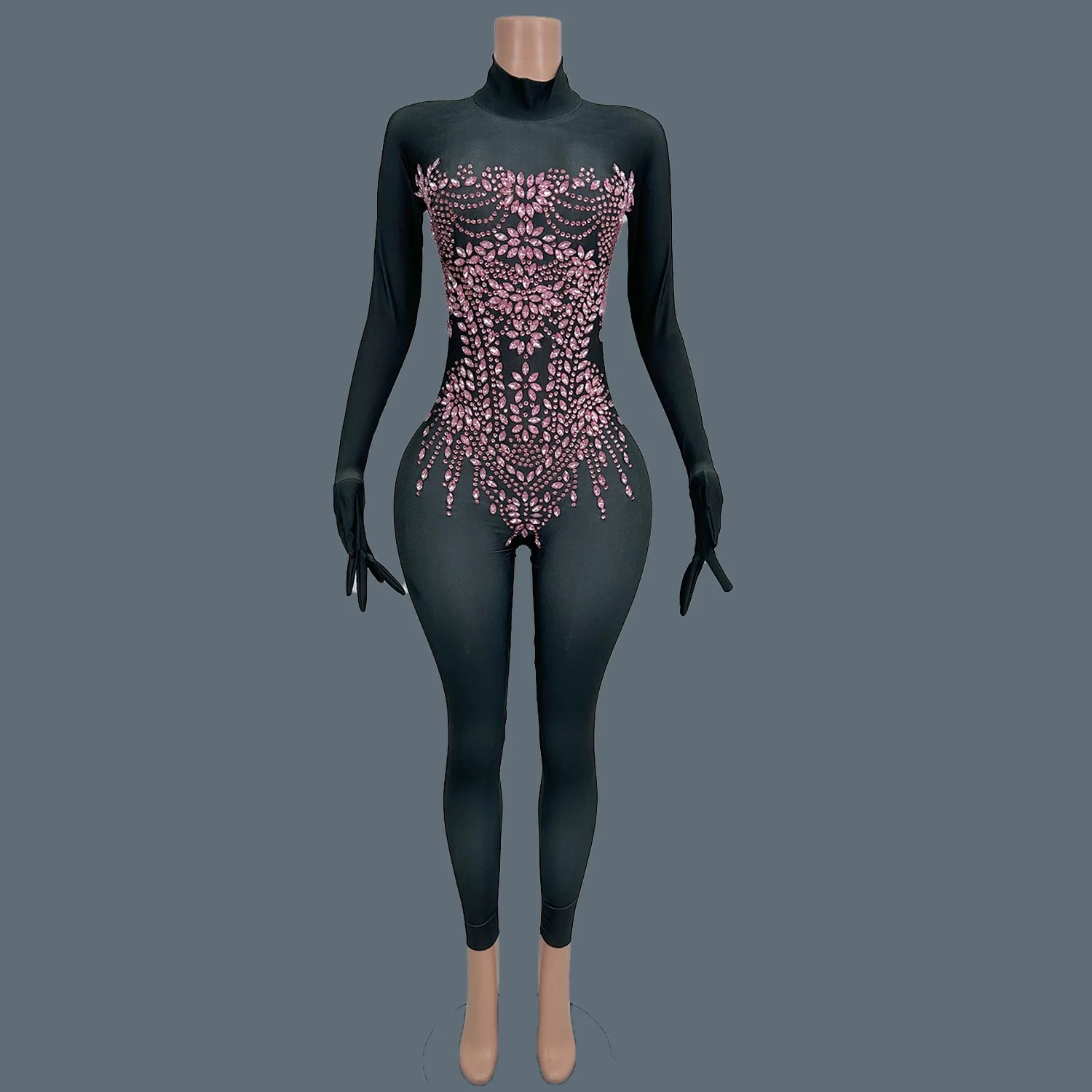 Sexy Women Long Sleeve Rhinestone Jumpsuit Gloves Festival Celebrate Party Outfit Club Stage Show Tight Fitting Jumpsuit Zhubao Black pink One Size