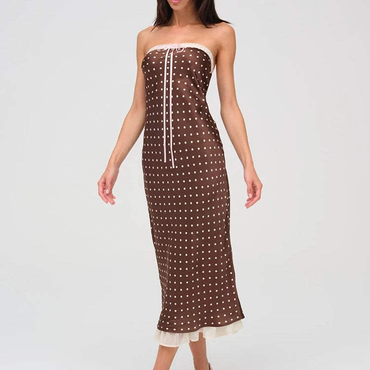 Lace Strapless Backless Sexy Midi Dress For Women Fashion Off-shoulder Sleeveless Bodycon Polka Dot Dress Elegant