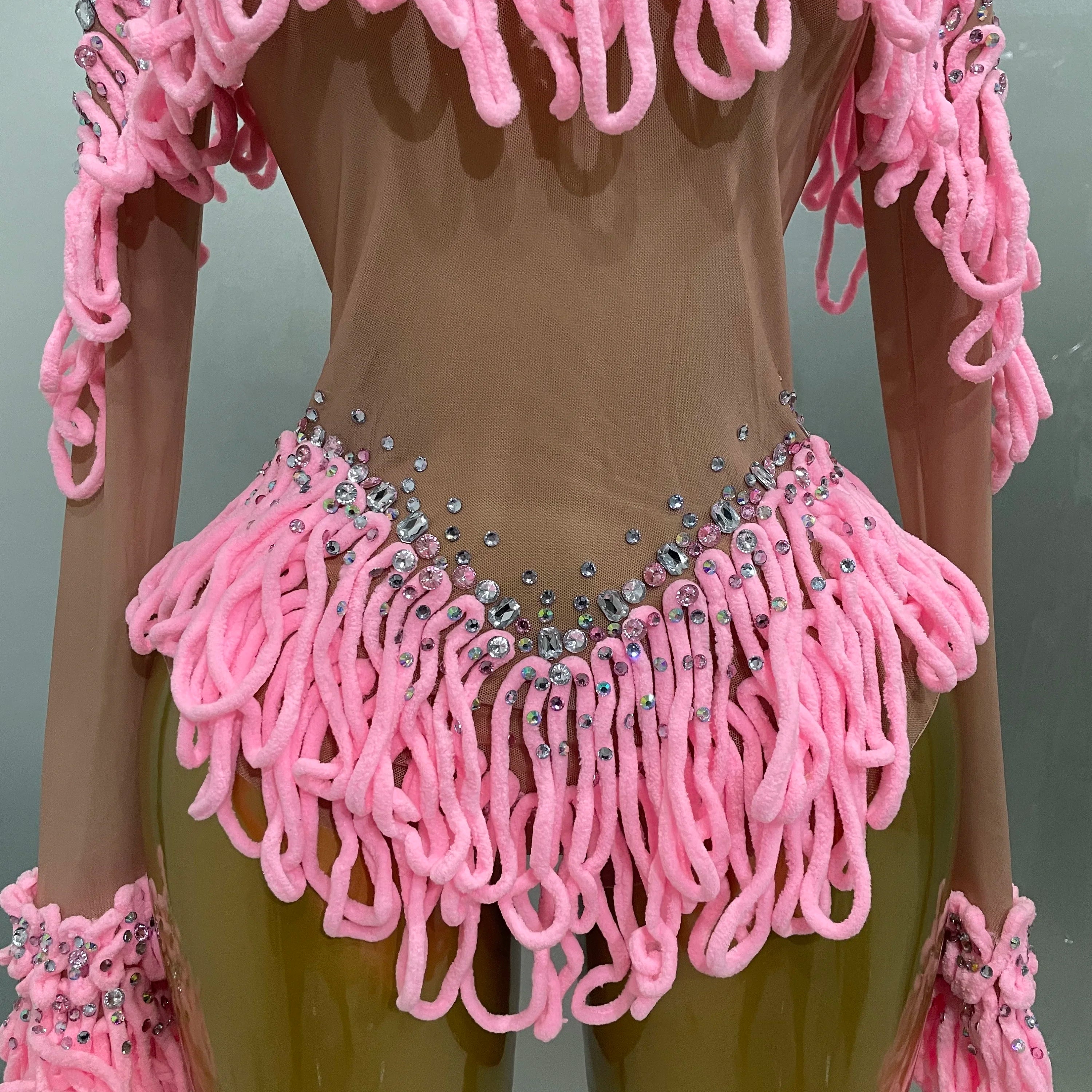 2025 New Women Shining Rhinestones Sexy Mesh Tassels Bodysuit Birthday Party Club Performance Dance DJ Leotard Show Stage Wear