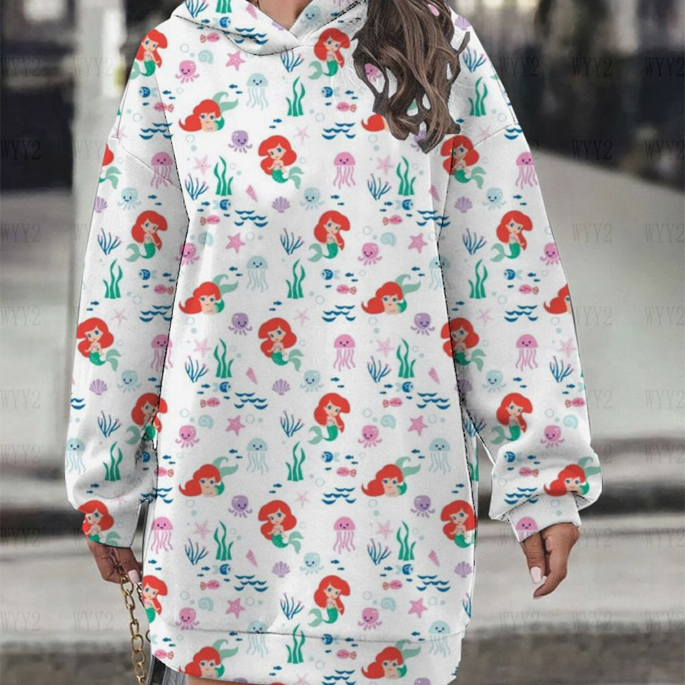 Women's Hoodie Dress Fall Fashion Print Long Sleeve Hooded Dress Women Disney Mermaid Women's Sweatshirt Streetwear YNSLMS015