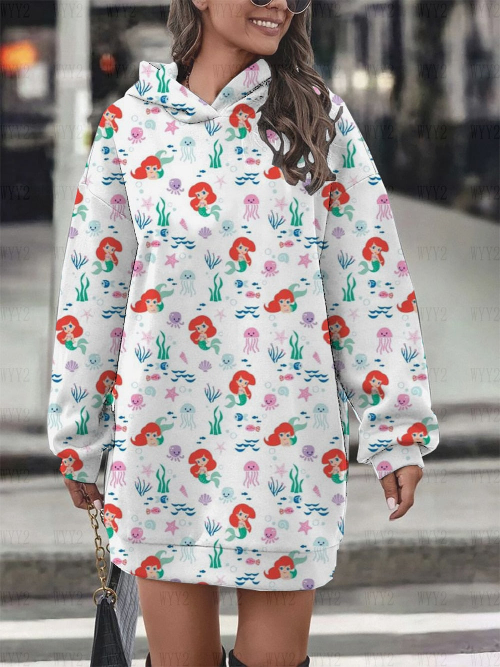 Women's Hoodie Dress Fall Fashion Print Long Sleeve Hooded Dress Women Disney Mermaid Women's Sweatshirt Streetwear YNSLMS015