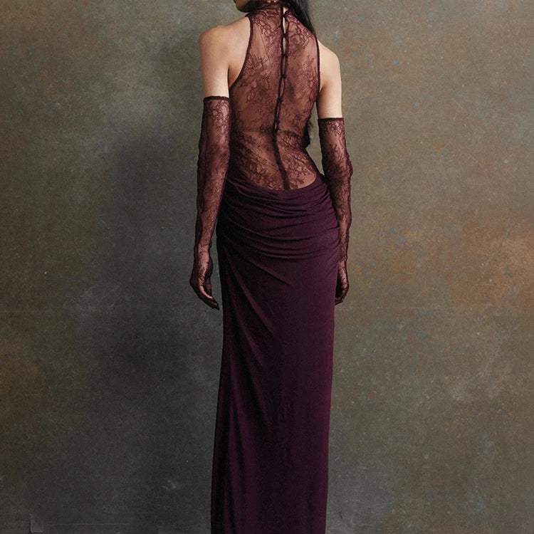 Sexy Turtleneck Lace Patchwork Long Dress Women Sleeveless Backless Pleated Celebrity Evening Party Gowns with Gloves