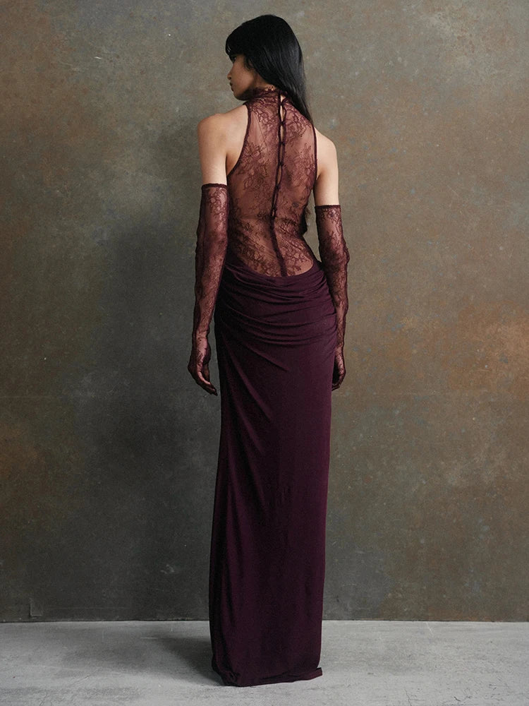 Sexy Turtleneck Lace Patchwork Long Dress Women Sleeveless Backless Pleated Celebrity Evening Party Gowns with Gloves