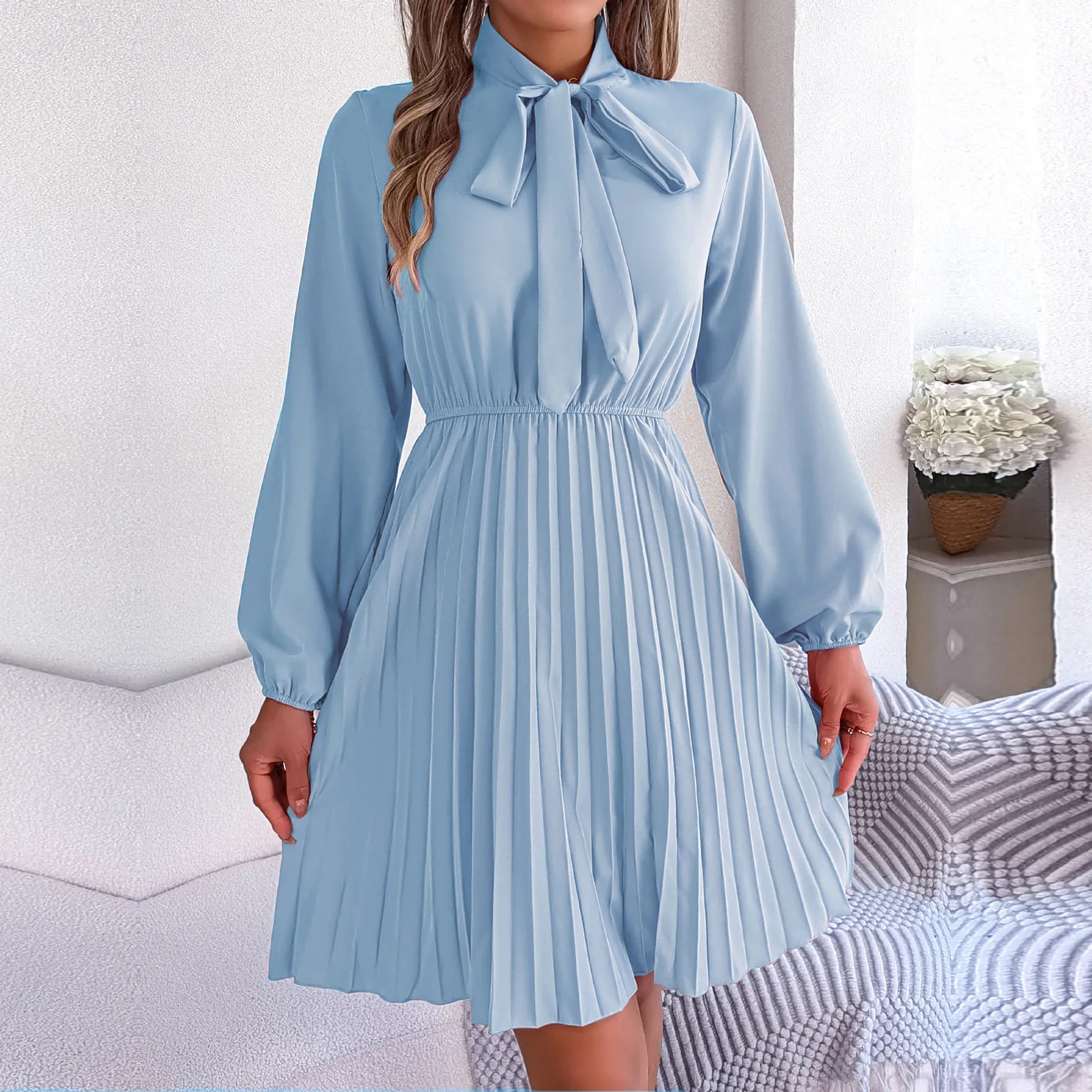 Women's 2024 New Autumn Winter Temperament Lace Up Solid Color High Waist Long Sleeve Pleated Dress Light Blue