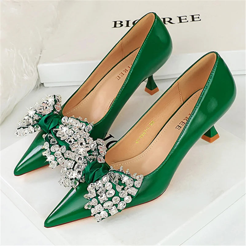 Women 5.5cm High Heels Green Pumps Lady Plus Size 34-43 Wedding Middle Low Kitten Heels Bling Crystal Rhinestone Party Bow Shoes