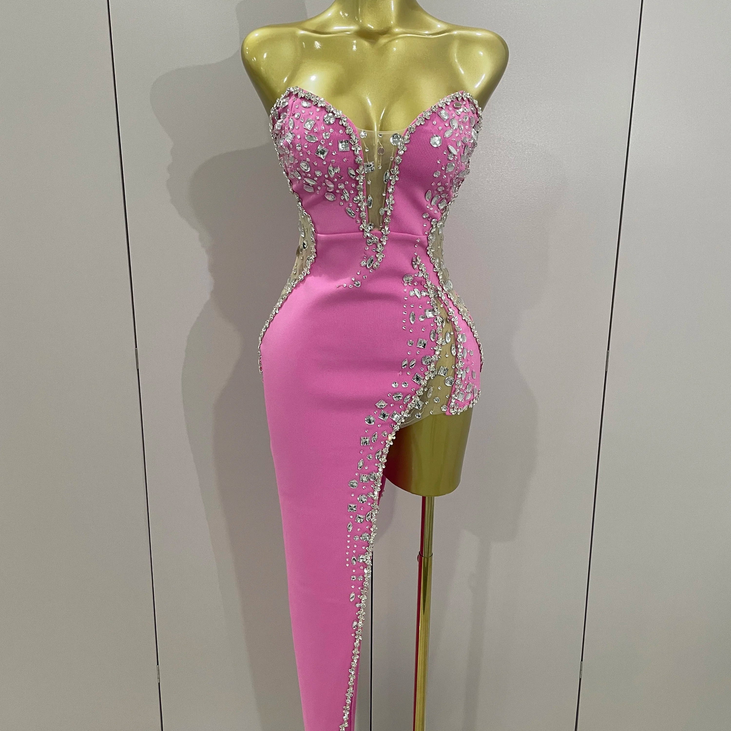 Newest Sexy Strapless Shinning Rhinestones Bodycon Bandage Long Dress Women Fashion Celebrate Evening Party Vestido Pink