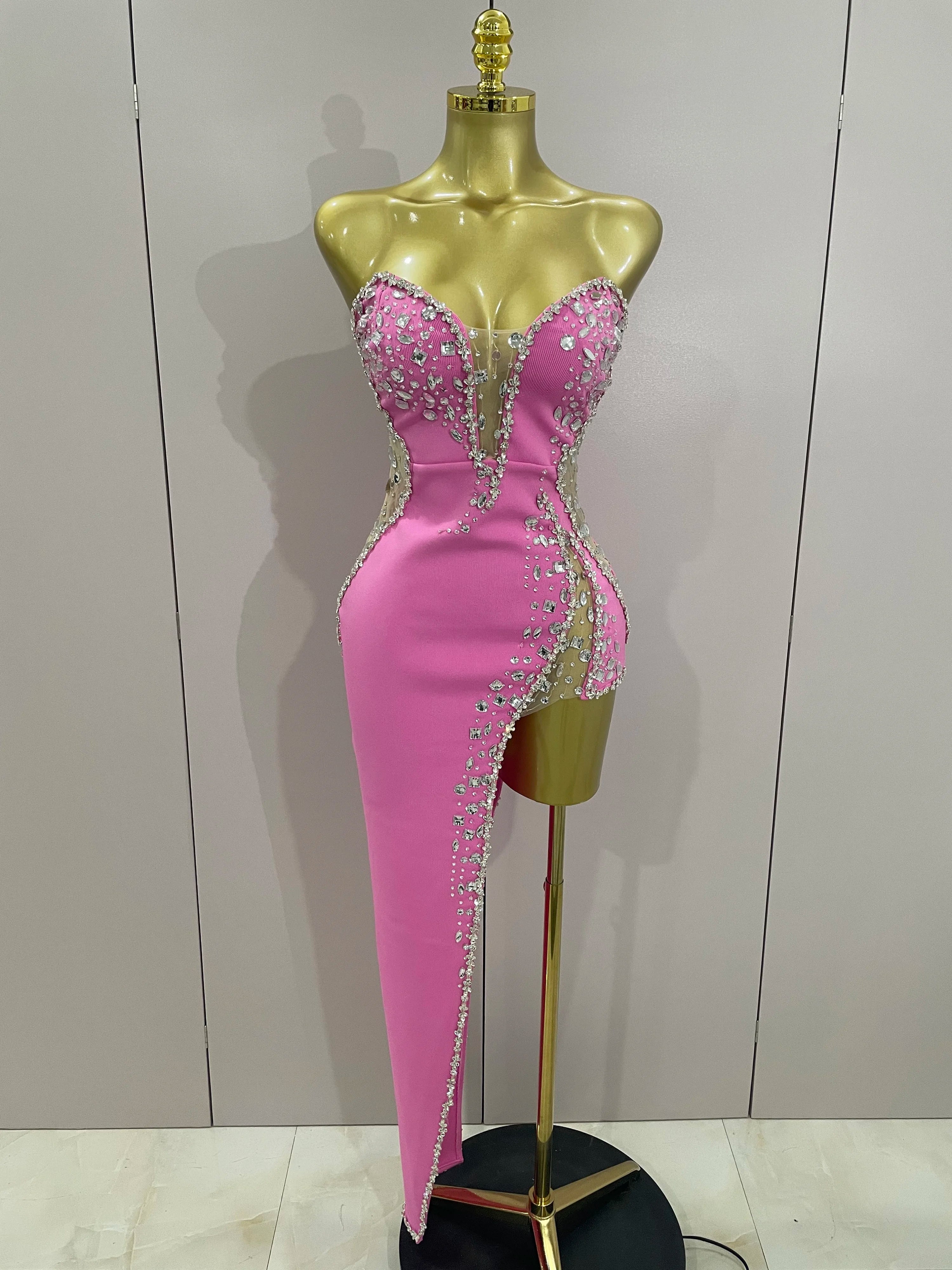 Newest Sexy Strapless Shinning Rhinestones Bodycon Bandage Long Dress Women Fashion Celebrate Evening Party Vestido Pink