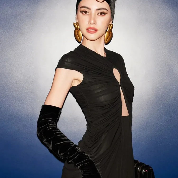 Fashion Women Sexy Short Sleeve Black Mesh Ruched Maxi Long Bodycon Dress 2025 Elegant Evening Club Party Dress