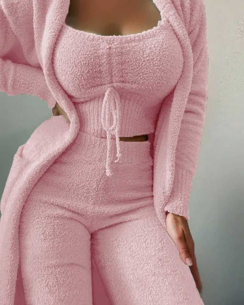 CM.YAYA 3-Piece Women Sets Plush Velvet Pajama Sleepwear Tank Tops + Pants + Cardigan Coat Tracksuit Loungewear Causal Outfits Pink 2