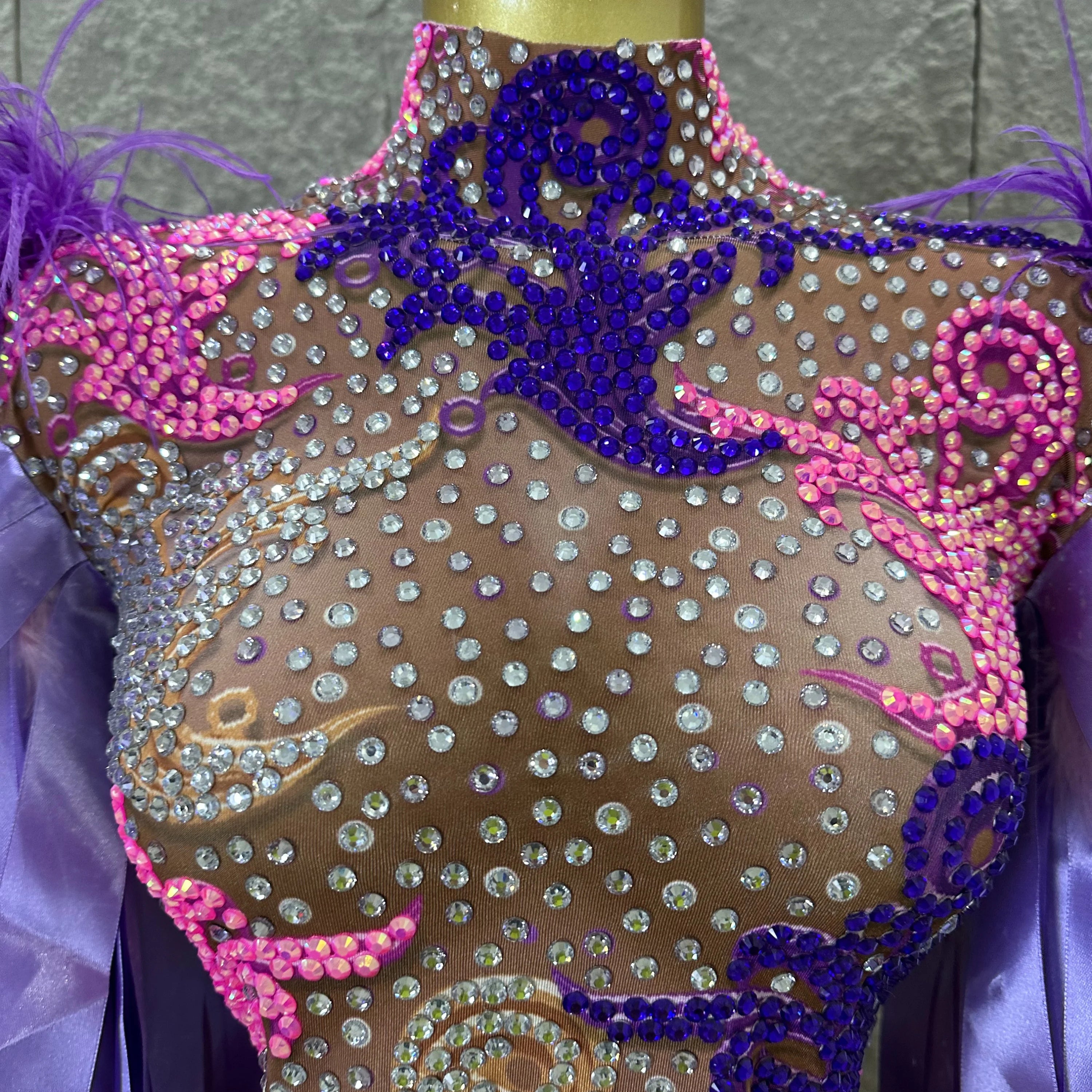 Sexy 2026 High Neck Sheer Mesh Bodysuit Women Purple Pink Crystal Fringe Long Sleeve Outfit Luxury Drag Queen Costume