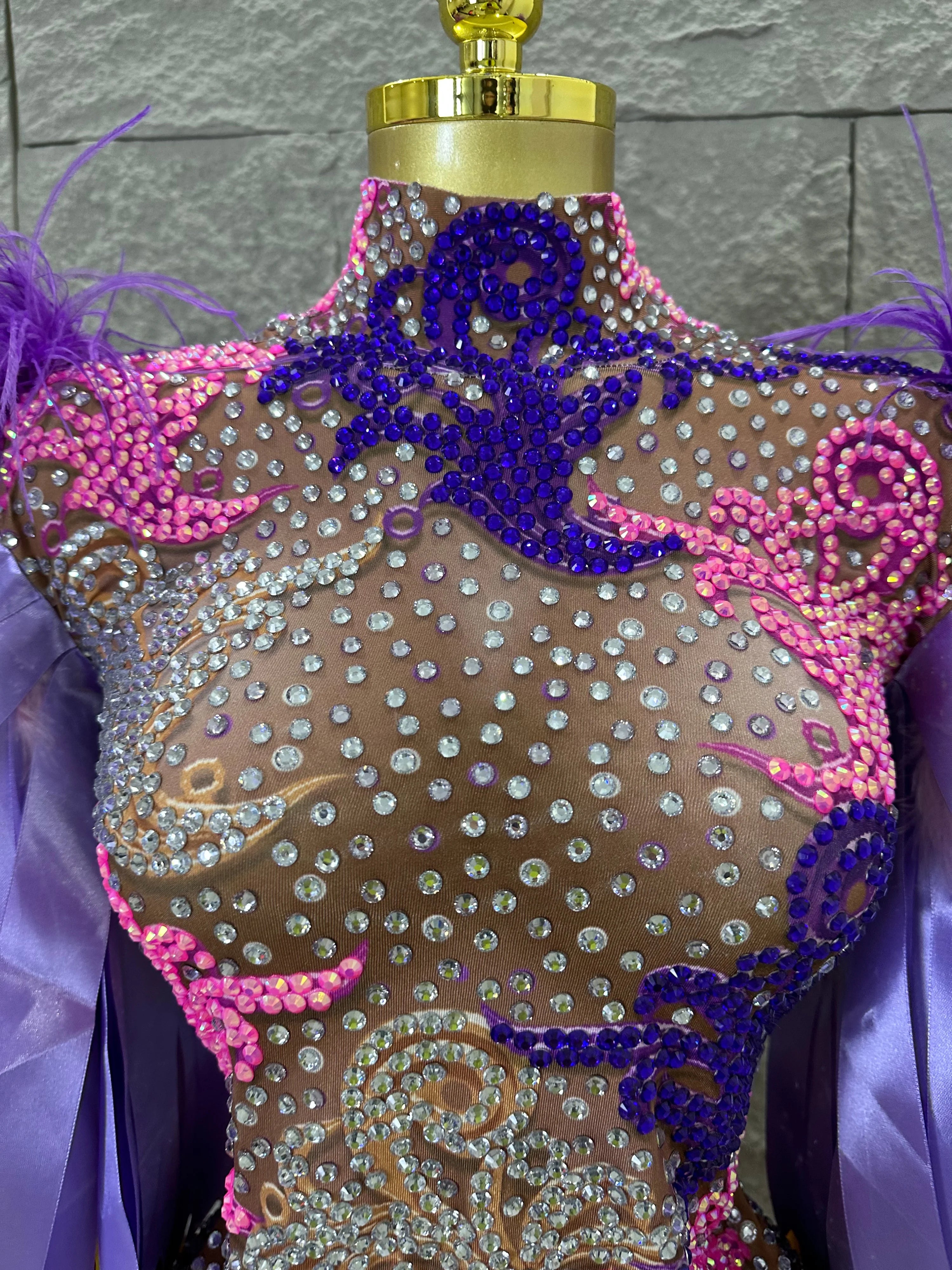 Sexy 2026 High Neck Sheer Mesh Bodysuit Women Purple Pink Crystal Fringe Long Sleeve Outfit Luxury Drag Queen Costume