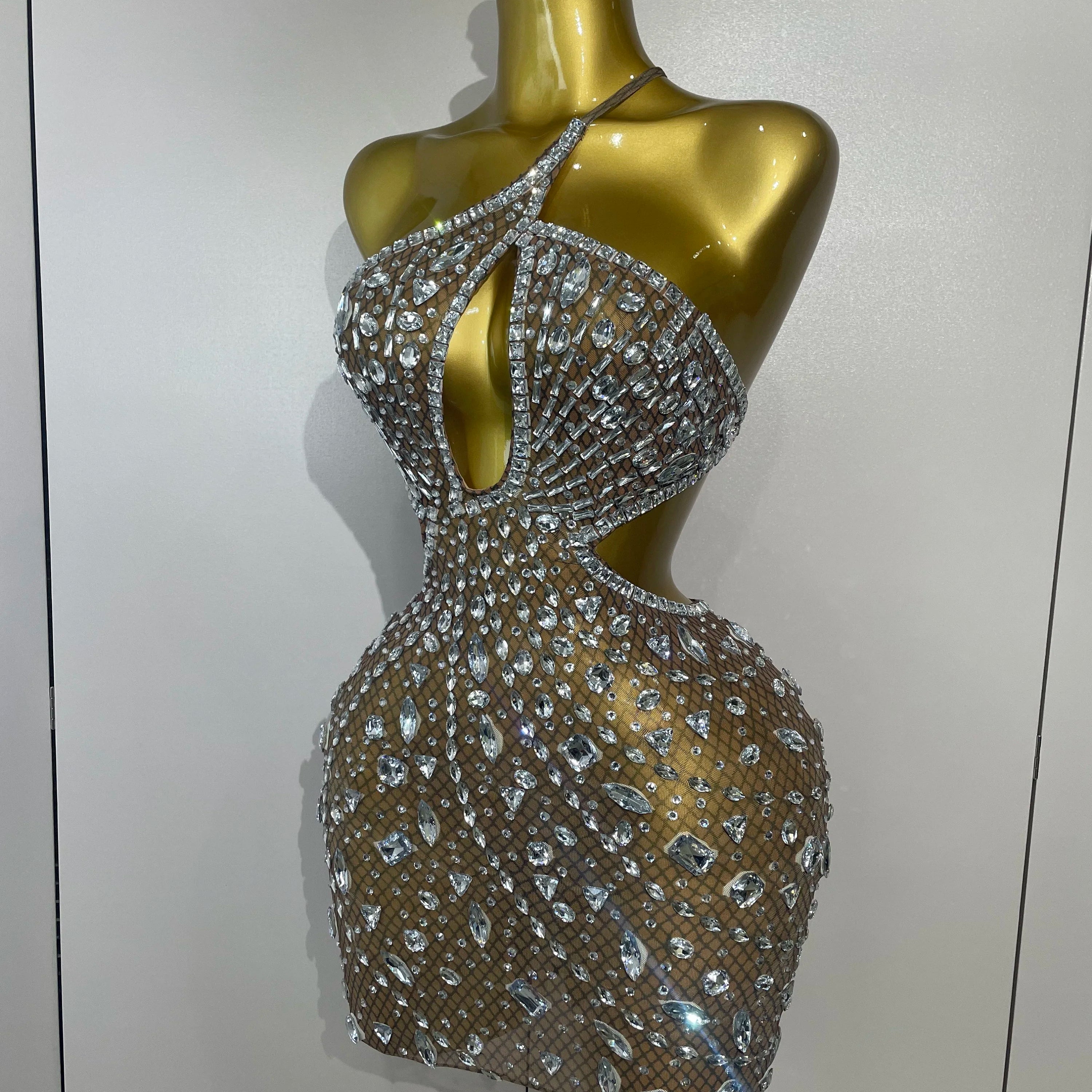 Stock Women Sparkly Big Crystal Sexy Off the Shoulder Mesh See Through Mini Dress Nightclub Party Celebrate Birthday Dress