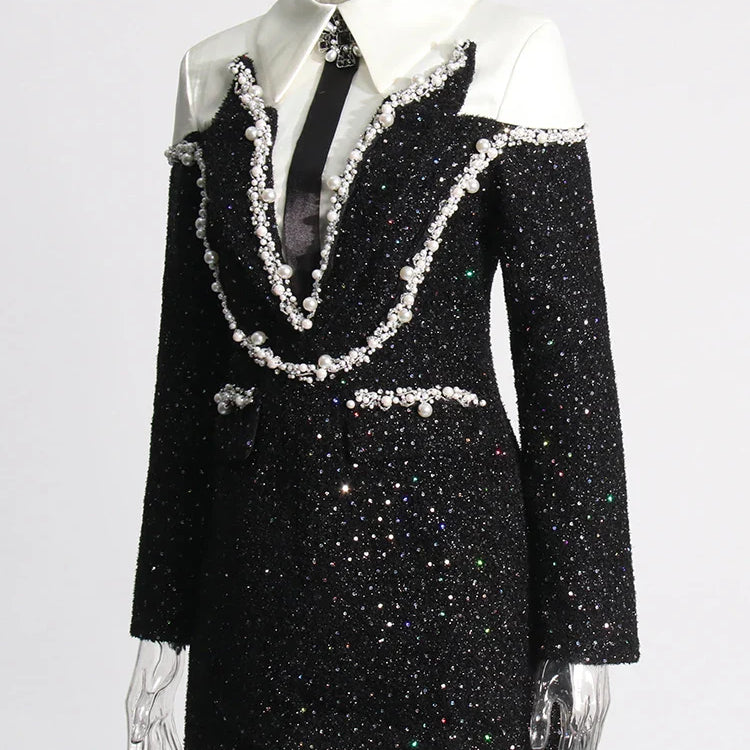 Colorblock Patchwork Sequins Dress For Women Lapel Long Sleeve High Waist Spliced Pearls Elegant Dresses Female New