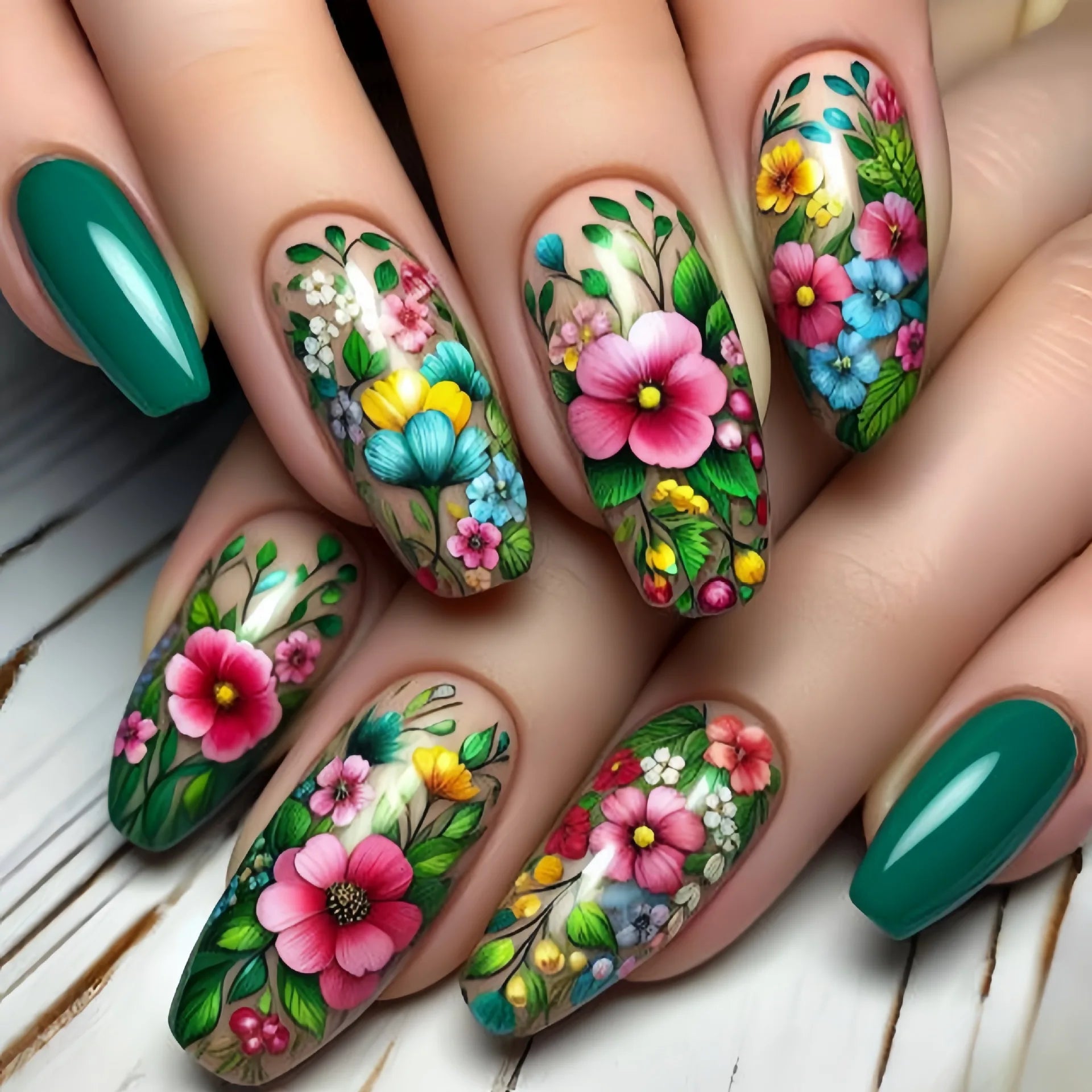 24pcs/set Short Medium fake nails for Spring summer beautiful colourful flowers bees faux ongles tips press on false nail art 2007