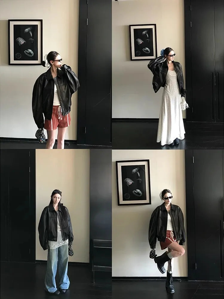 Lautaro Spring Autumn Cool Oversized Faux Suede Leather Jacket Women Turn-down Collar Luxury Designer American Retro Clothing