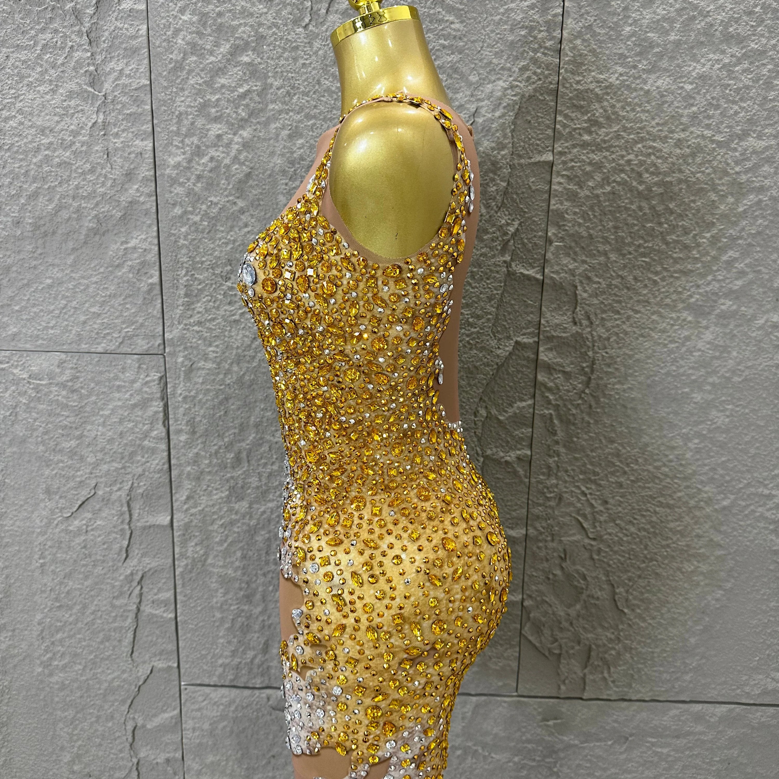 2026 New Sexy Fashion Gold Sparkly Dance Show Stage Costume Women Birthday Party Rhinestones Tassels Transparent Short Dress