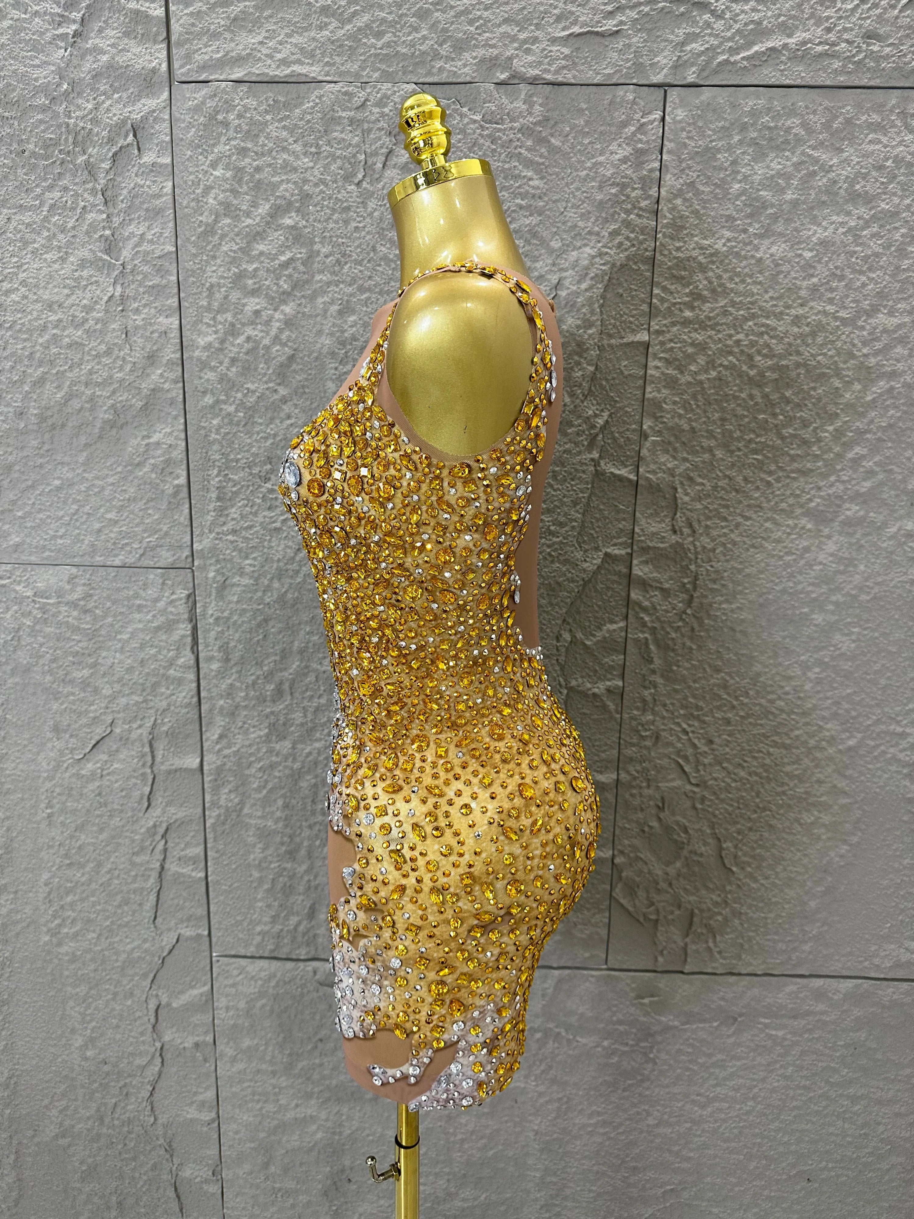 2026 New Sexy Fashion Gold Sparkly Dance Show Stage Costume Women Birthday Party Rhinestones Tassels Transparent Short Dress