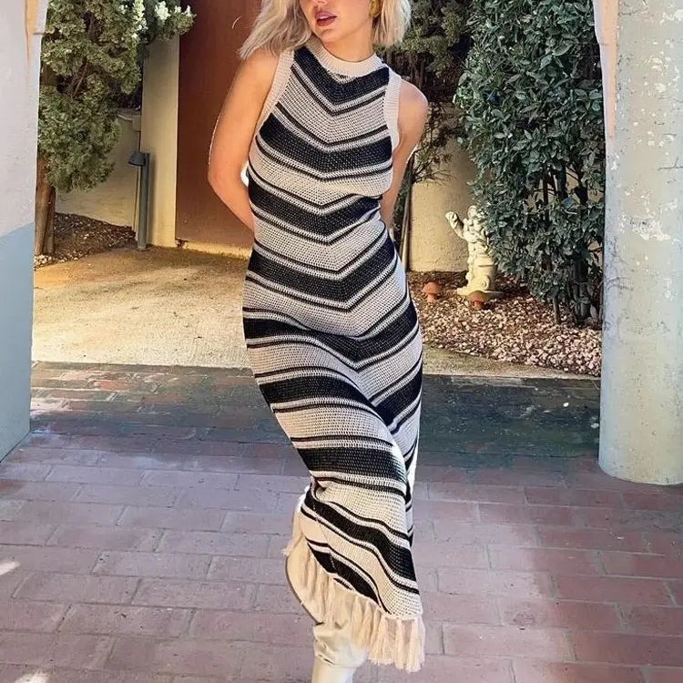 Summer Knitted Beach Dress Women Elegant Fashion Tassel Striped Long Dresses Summer Slim Bohemian Holiday Outfits Beachwear