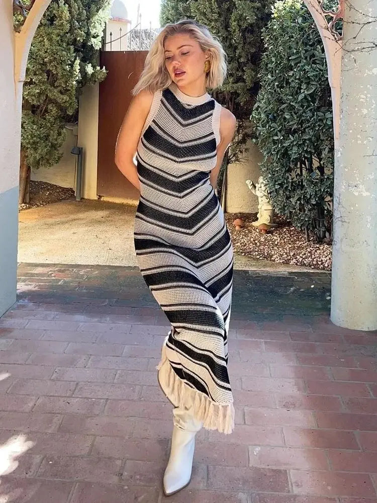 Summer Knitted Beach Dress Women Elegant Fashion Tassel Striped Long Dresses Summer Slim Bohemian Holiday Outfits Beachwear