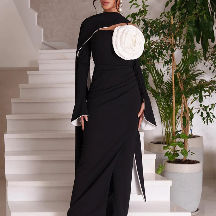 Summer New Simple Black Crepe 3D Flowers Mermaid Prom Dress 2024 Slim Long Sleeve Ankle-Length Formal Evening Dress