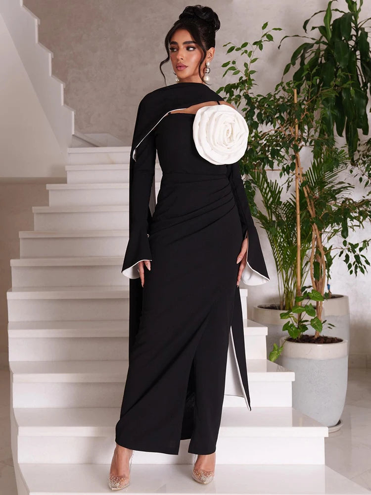 Summer New Simple Black Crepe 3D Flowers Mermaid Prom Dress 2024 Slim Long Sleeve Ankle-Length Formal Evening Dress