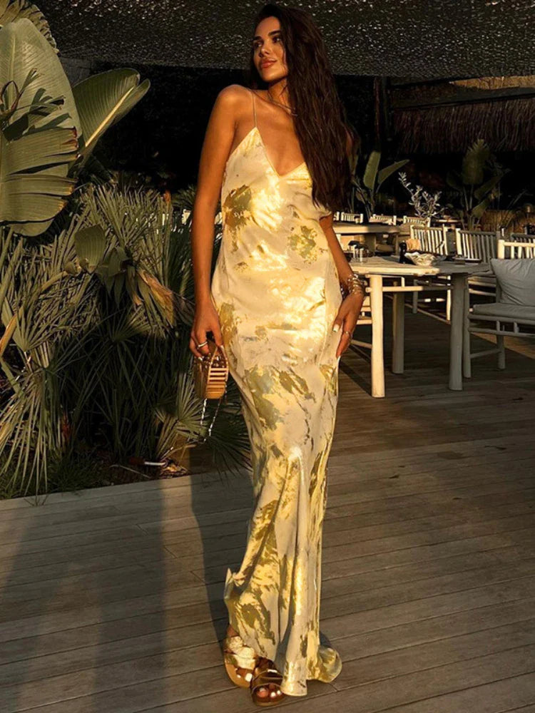 WeiYao Elegant Gold Foil Fragmented Bodycon Maxi Dress for Women Luxury Evening Party Gown Sexy Backless Gold Stamped Dresses Apricot