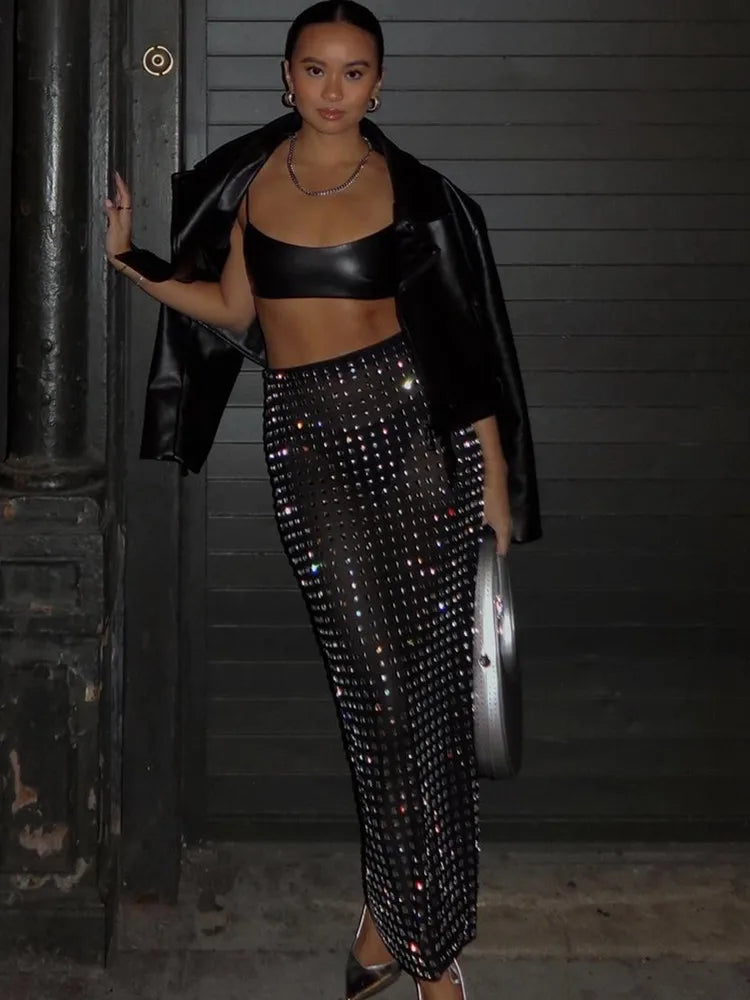 Summer Women Black Diamonds Midi Bodycon Skirt Designer High Waist Party Office Lady Elegant Split Skirt black