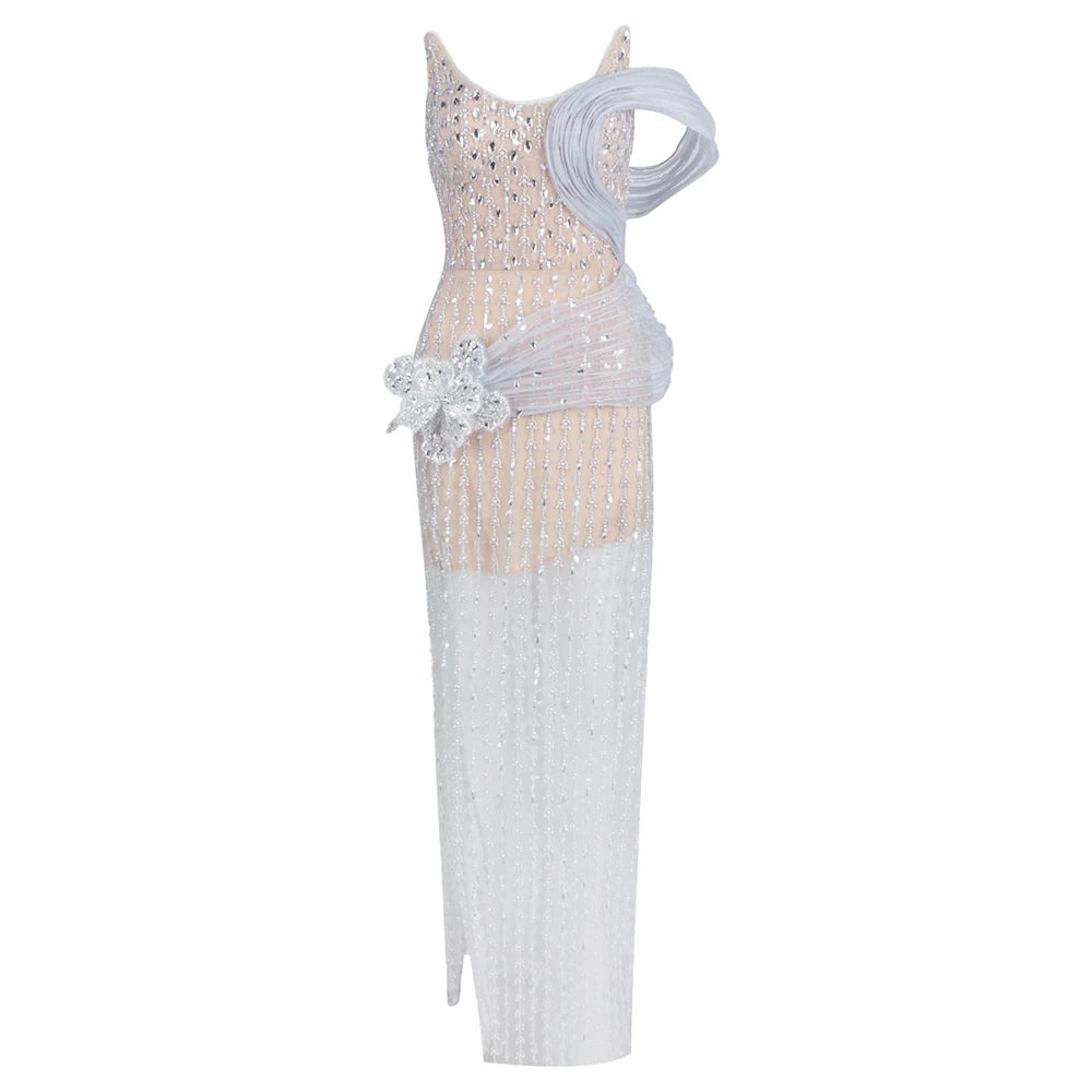 Elegant Beige Strapless Sleeveless Beaded Mesh Floral Details Dress for Fashion Event Gown Beige