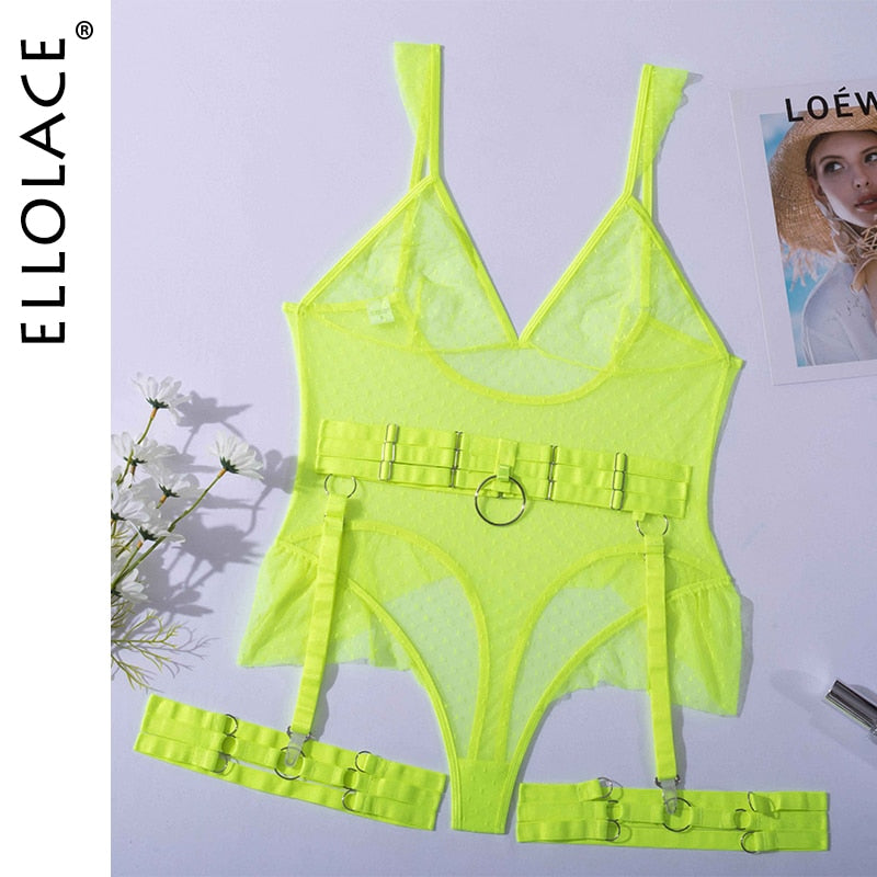 Polka Dot Bodysuit Lingerie Sexy Transparent Tempt Sissy Body Lace See Through Erotic Costumes Fitness Porn Hot Tops Neon Green