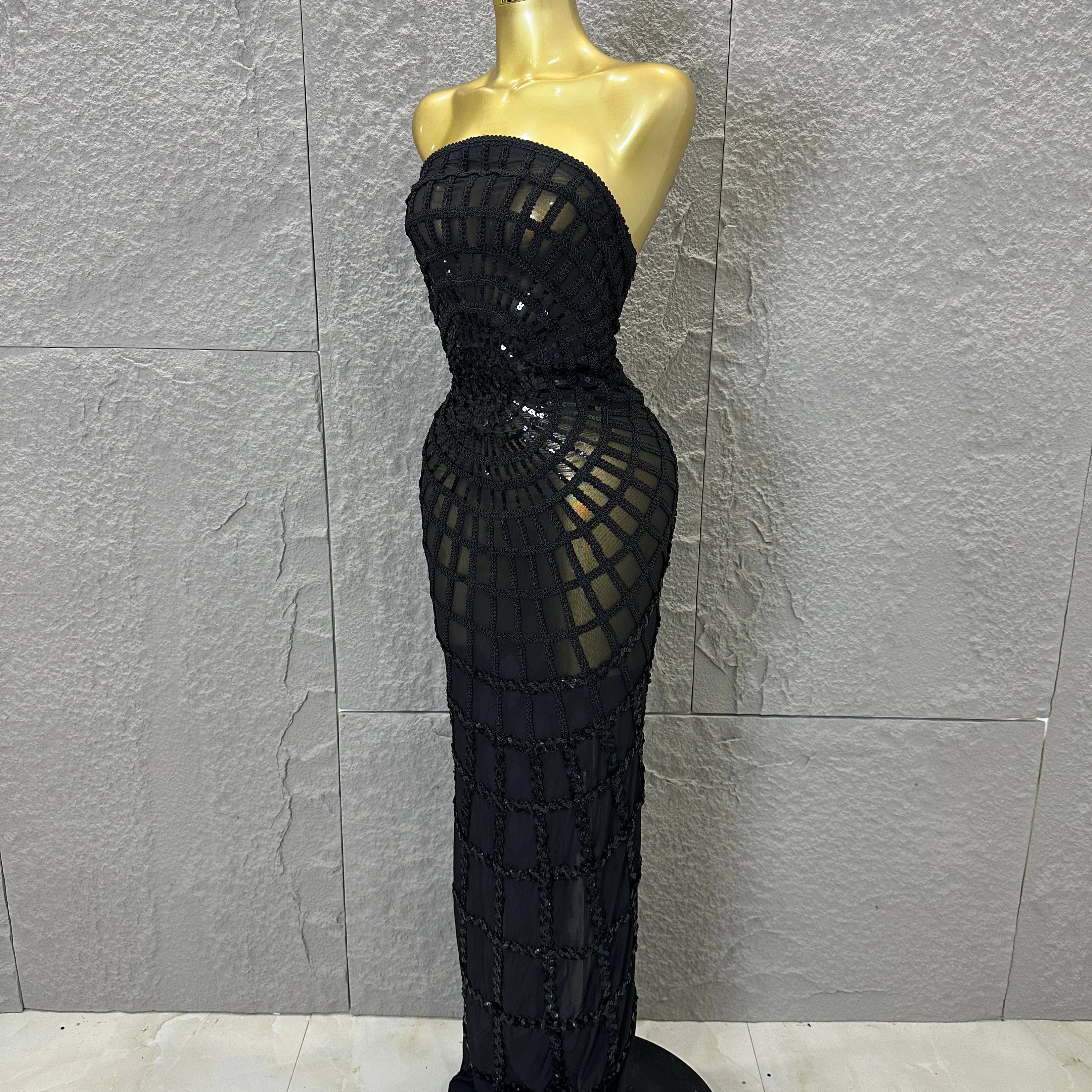 Elegant Sequined Sheer Mesh Maxi Dress Women Sexy Strapless 3D Grid Embellished Bodycon Mermaid Outfit Stage Performance Costume