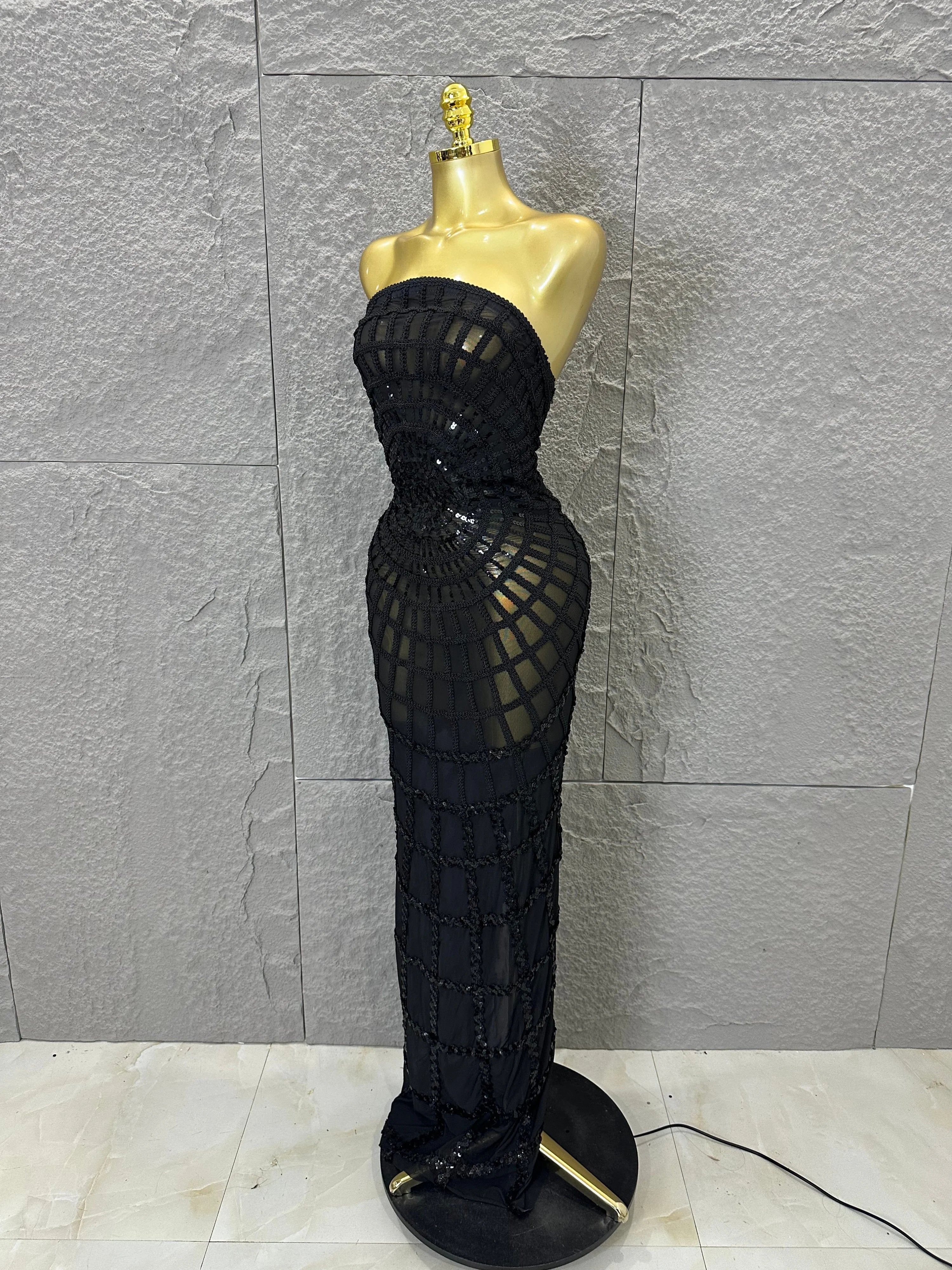 Elegant Sequined Sheer Mesh Maxi Dress Women Sexy Strapless 3D Grid Embellished Bodycon Mermaid Outfit Stage Performance Costume
