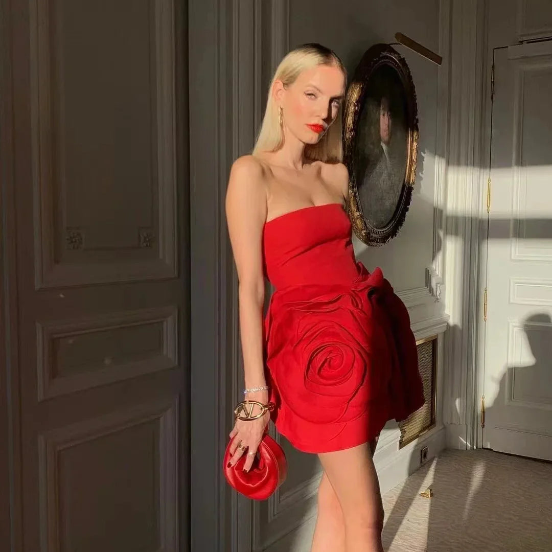 Stereoscopic Flowers Strapless Red Bandage Mini Evening Dress Fashion Woman Birthday Party Dress Celebrity Party Outfit