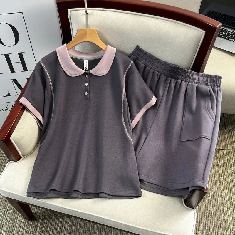 Plus Size Women's Set Casual Color Blocking Short Sleeve Tops And Grey Shorts Two Piece 100KG Sports Suit Summer 2025 Grey