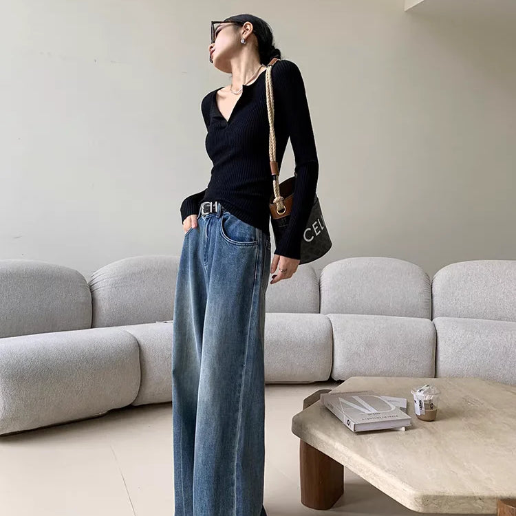 Spring Women's Casual Style Harajuku Jeans Vintage High Waist Oversized Blue Pants Y2K Wide Leg Punk Baggy Denim Trouser