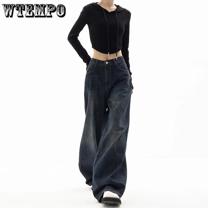 WTEMPO Vintage Women Wide Leg Jeans Harajuku Baggy Denim Trousers Oversized Grunge Streetwear Y2k Autumn Pants Korean Fashion